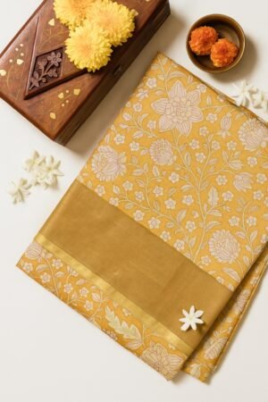Mustard Yellow Floral Tusser Saree