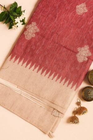 Maroon & Beige Border Embroidery Sarees