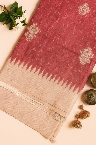 Maroon & Beige Border Embroidery Sarees