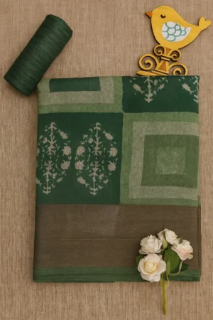 Green Saree with Geometric & Leaf Block Print