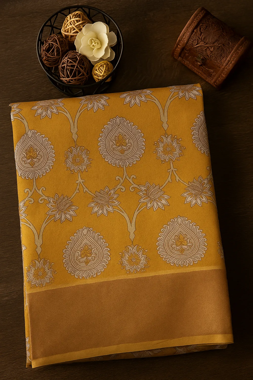Yellow Saree with Intricate Floral & Paisley Print