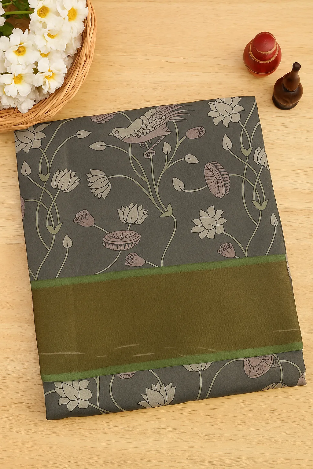 Grey Saree with Serene Floral & Bird Print