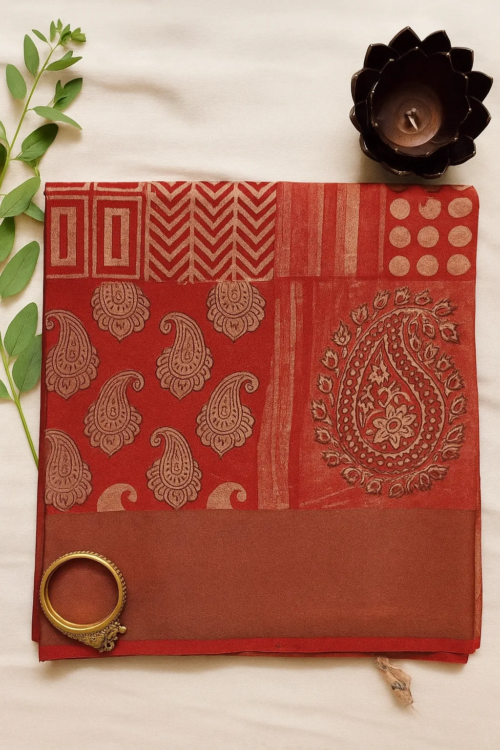 Vibrant Red Saree with Mixed Traditional Motifs