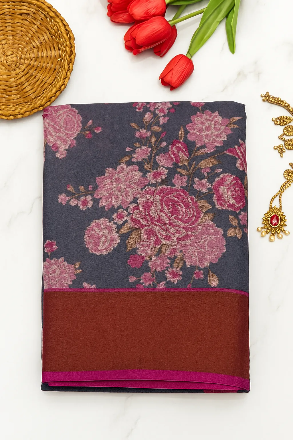 Grey Saree with Bold Pink Floral Print