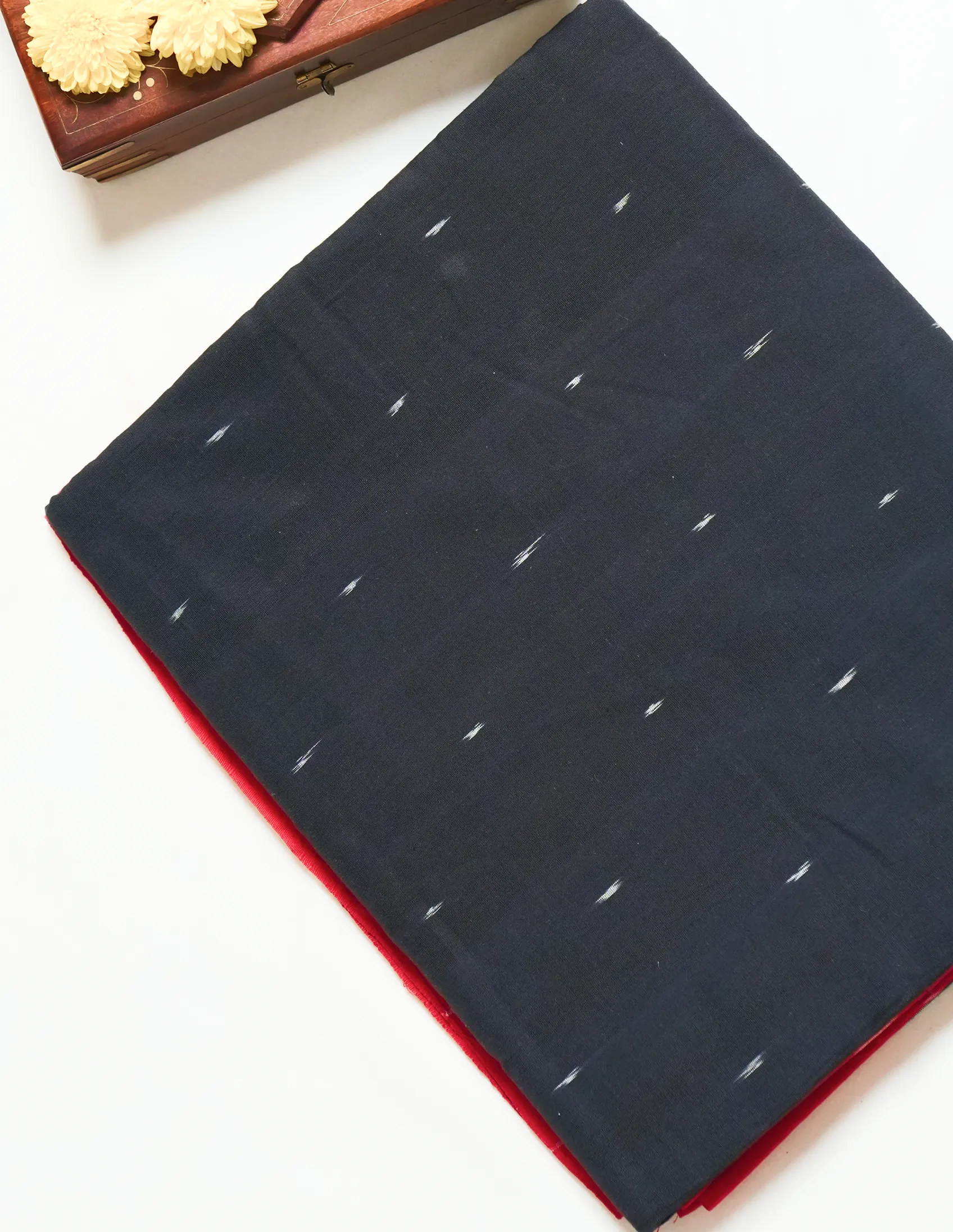 Black & Red Ikat Cotton Saree - Image 2