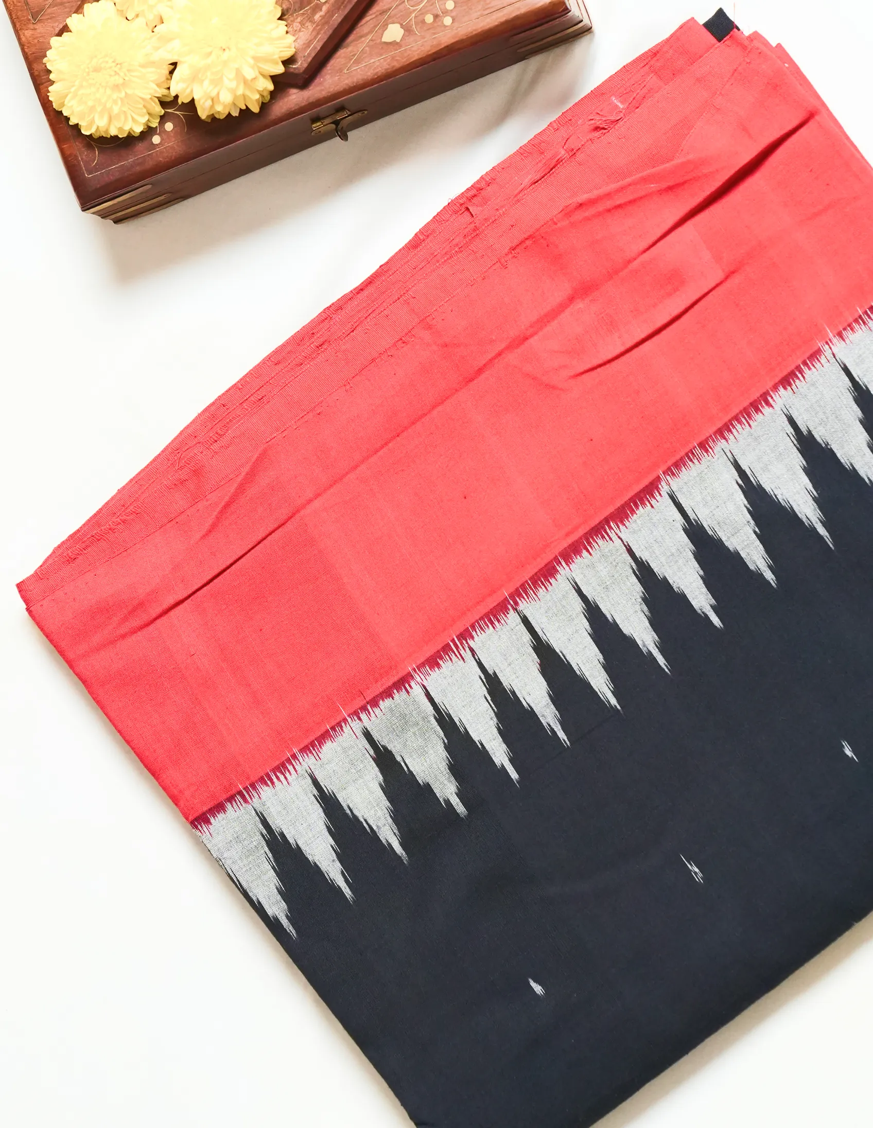 Black & Red Ikat Cotton Saree - Image 3