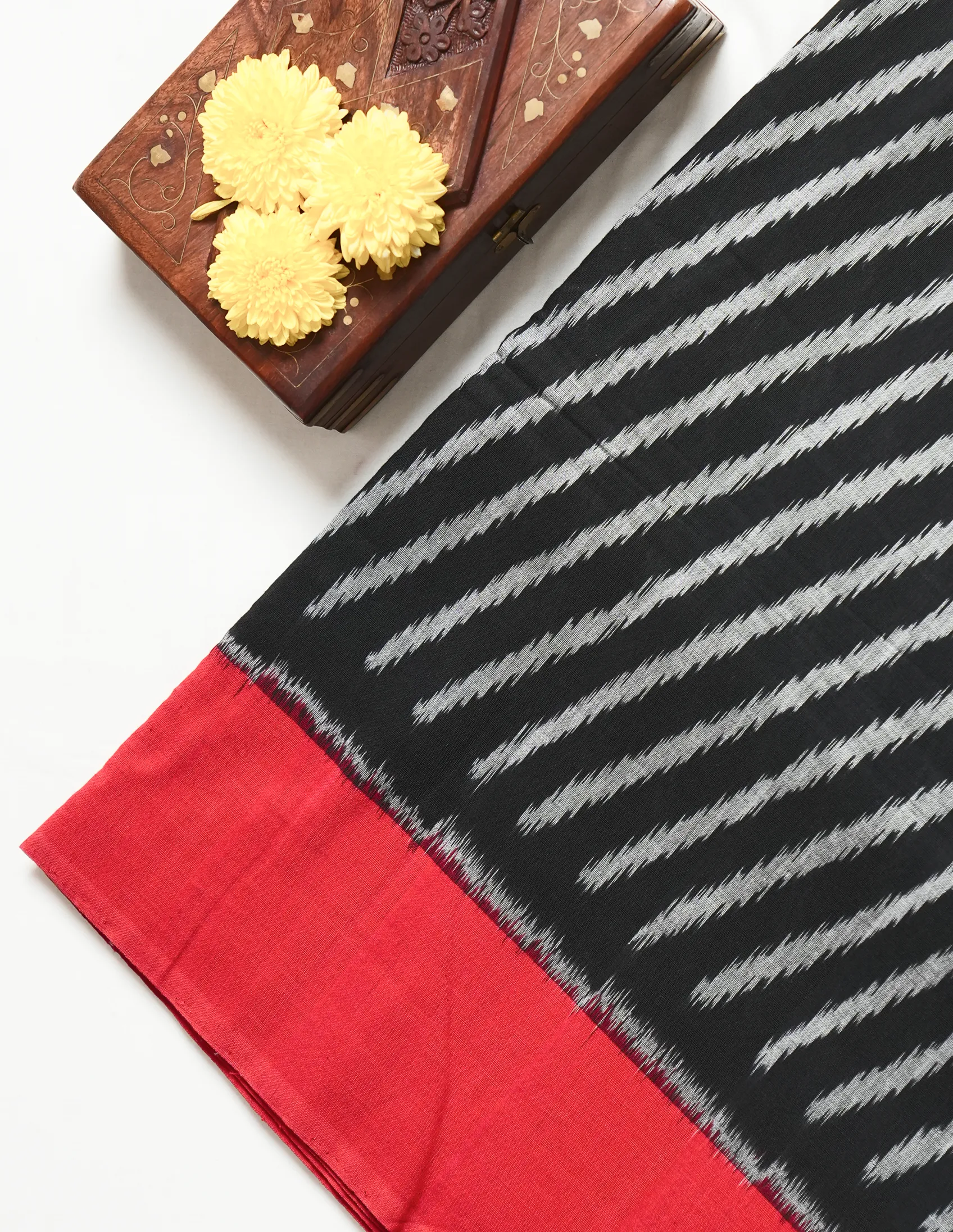 Black & Red Striped Ikat Cotton Saree - Image 4