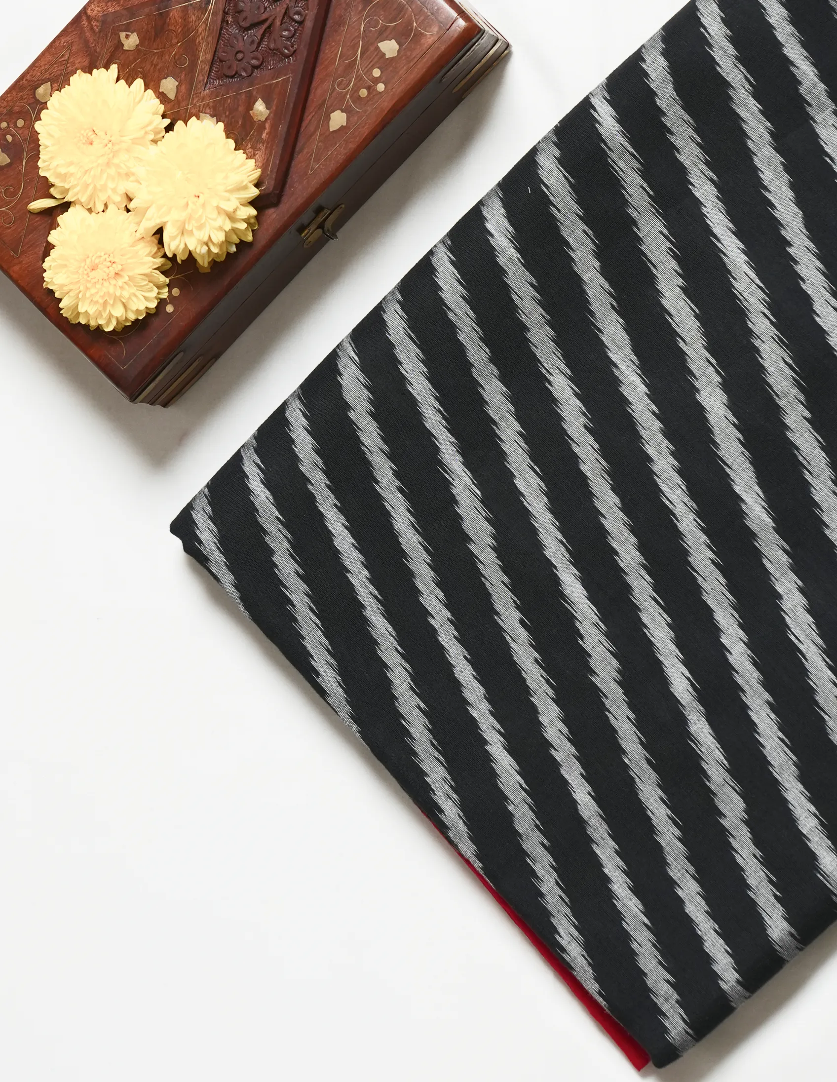 Black & Red Striped Ikat Cotton Saree - Image 3