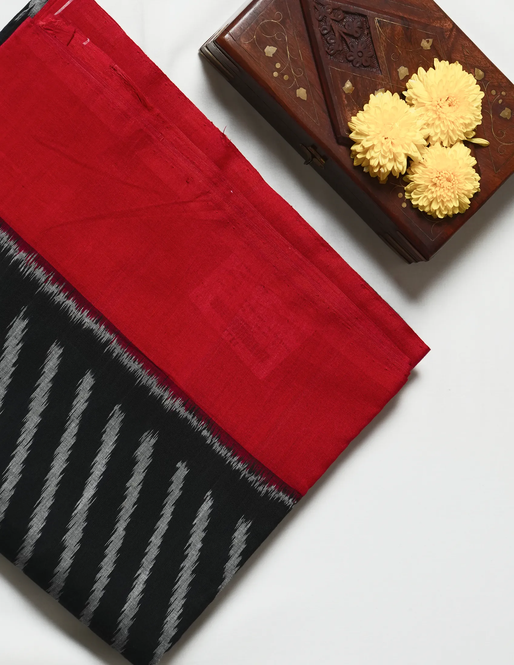 Black & Red Striped Ikat Cotton Saree - Image 2