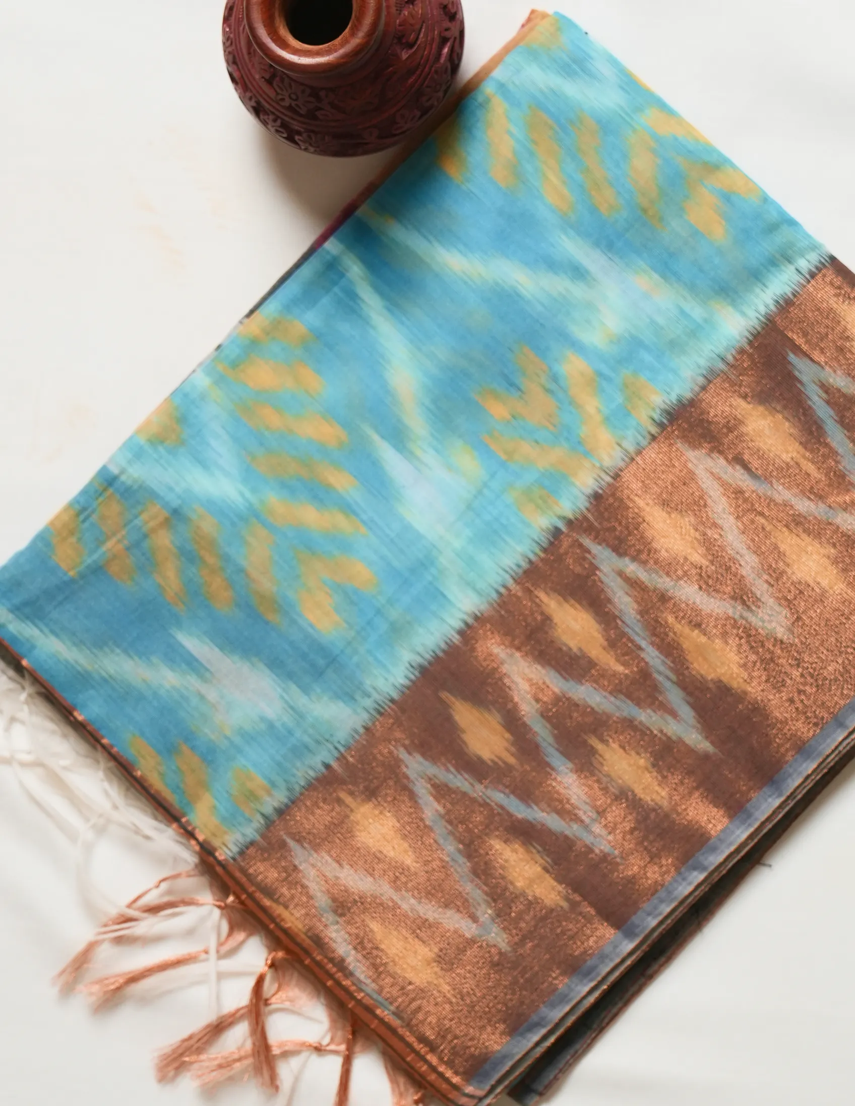 Sky Blue Pochampally Cotton Saree - Image 2