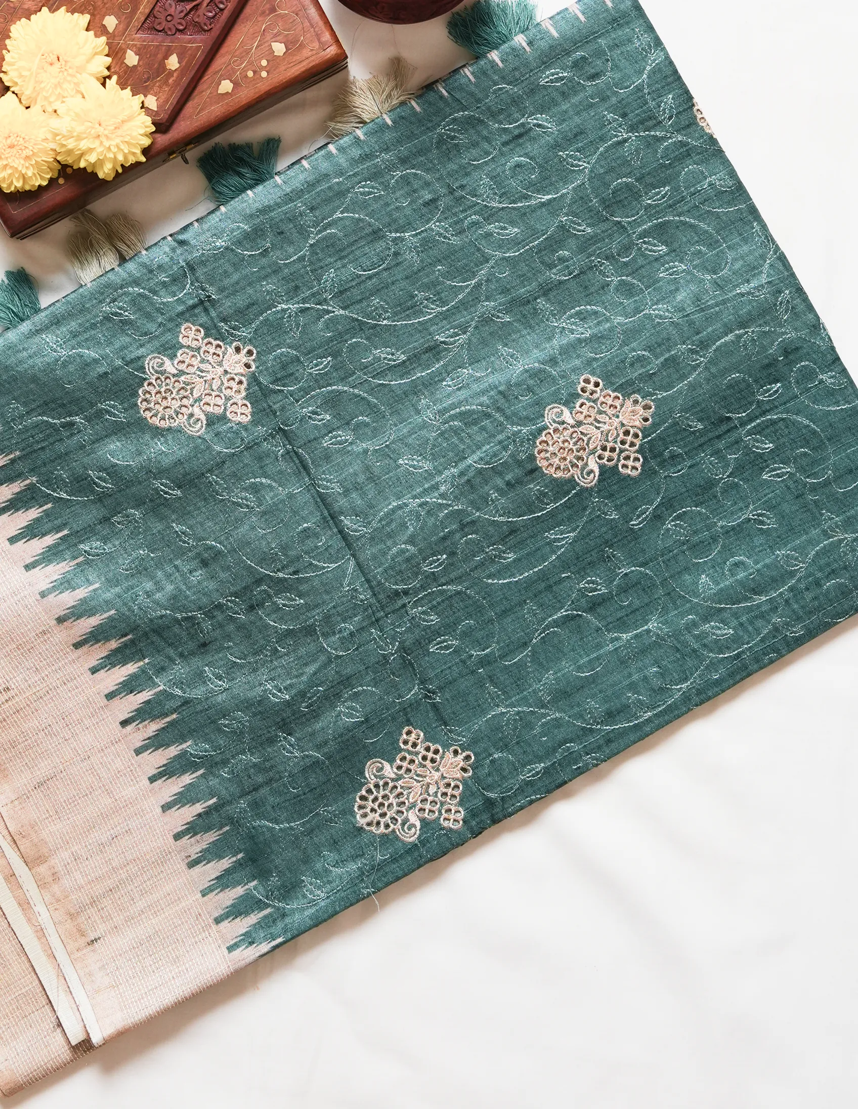 Teal Green Embroidered Saree - Image 4