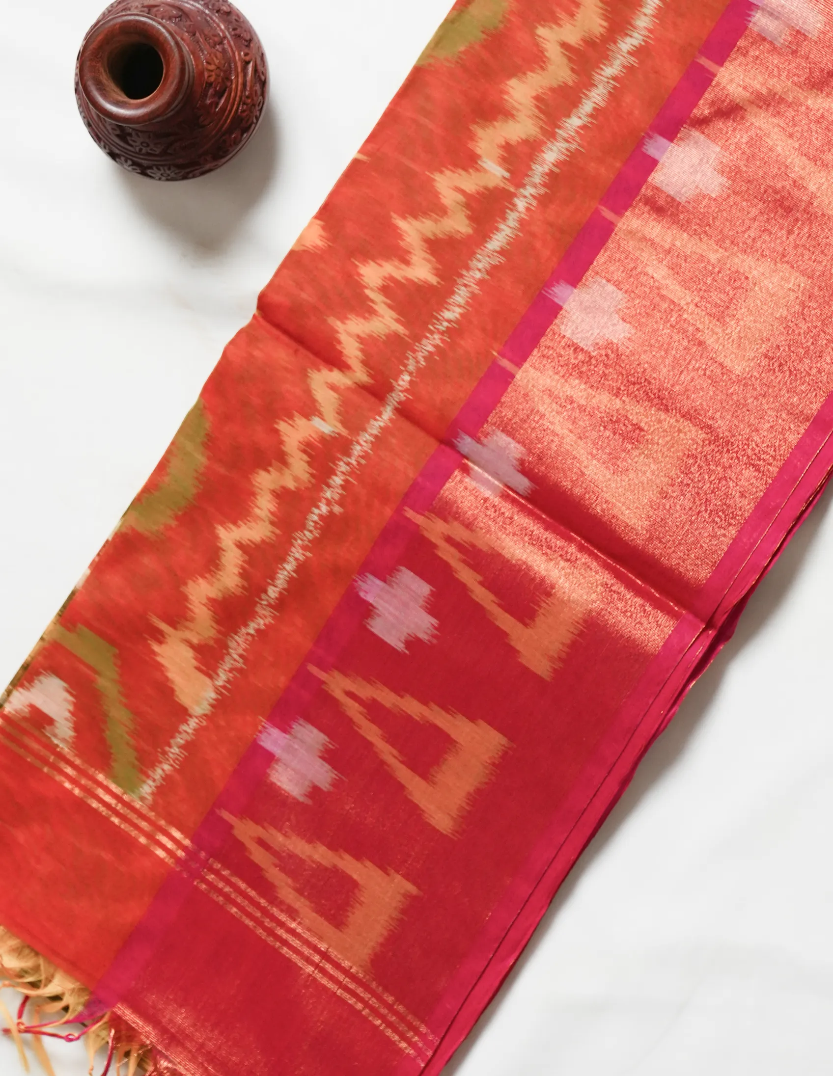 Vibrant Orange Pochampally Cotton Saree - Image 4