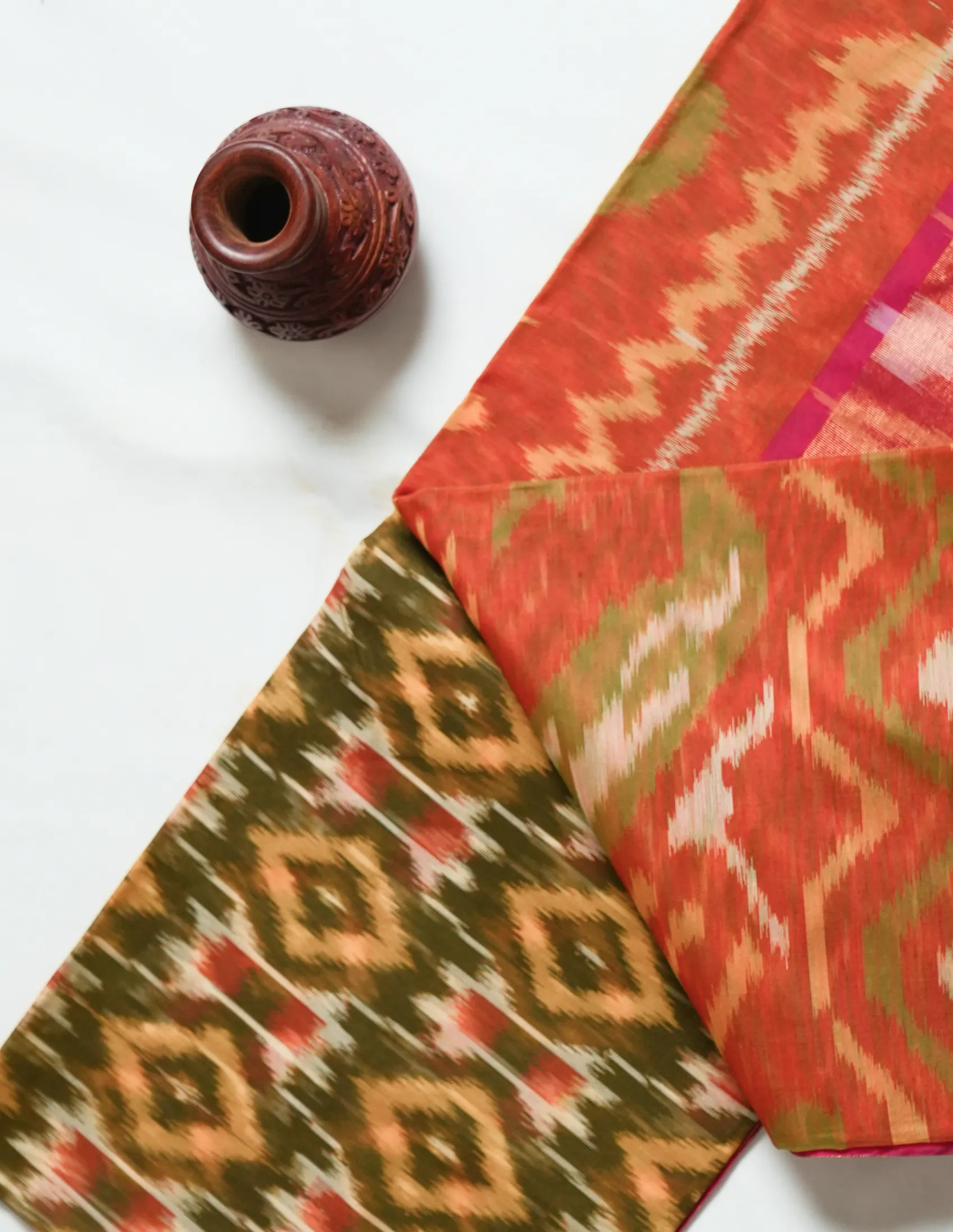 Vibrant Orange Pochampally Cotton Saree - Image 2