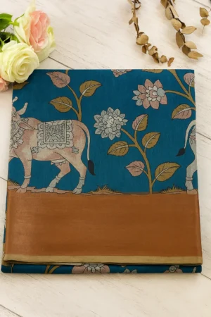 Teal Blue Saree with Artistic Cow & Floral Print