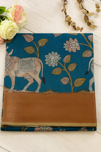 Teal Blue Saree with Artistic Cow & Floral Print