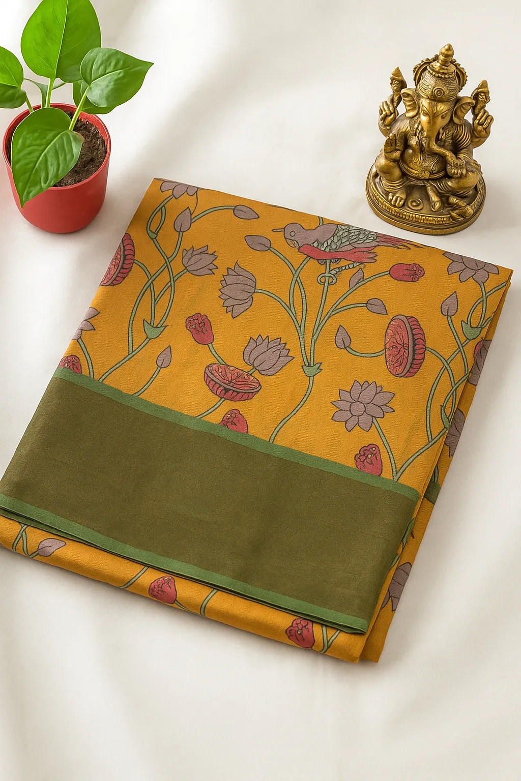 Mustard Yellow Saree with Floral & Bird Print