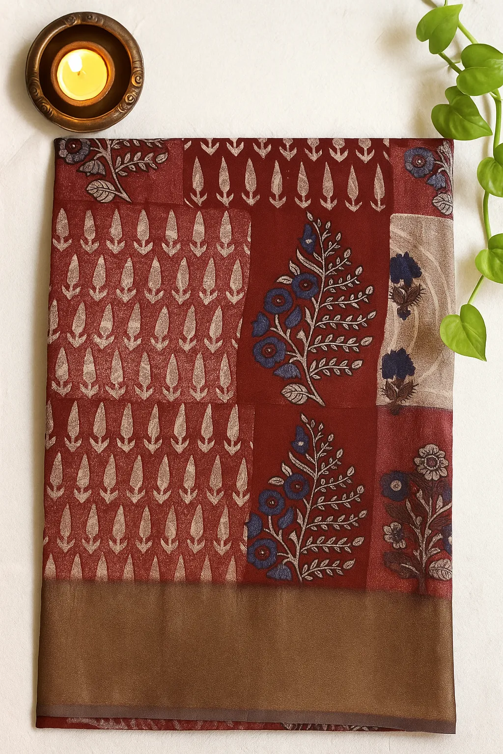 Earthy Reddish-Brown Geometric Prints Saree