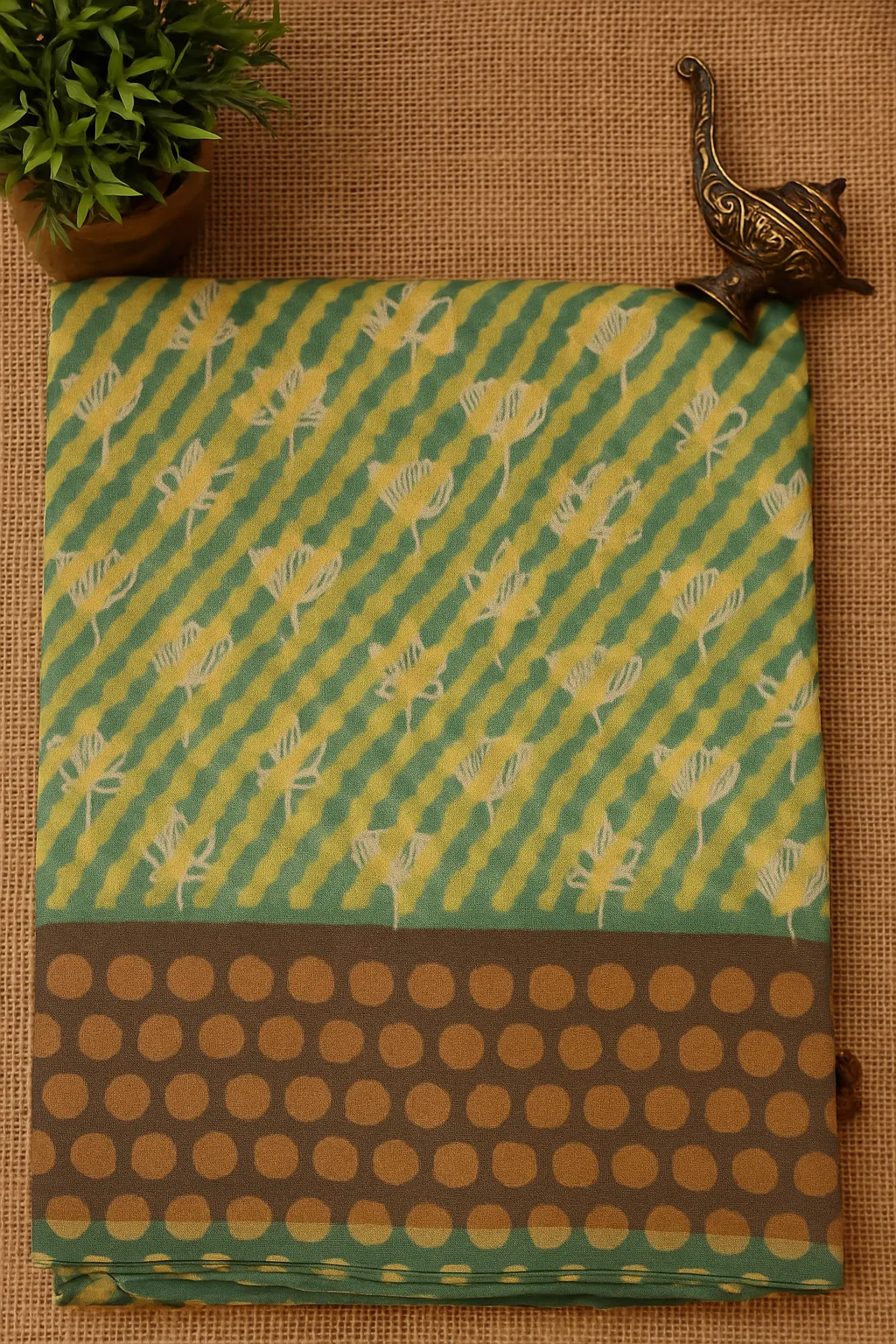 Green & Yellow Striped Saree with Floral Motifs