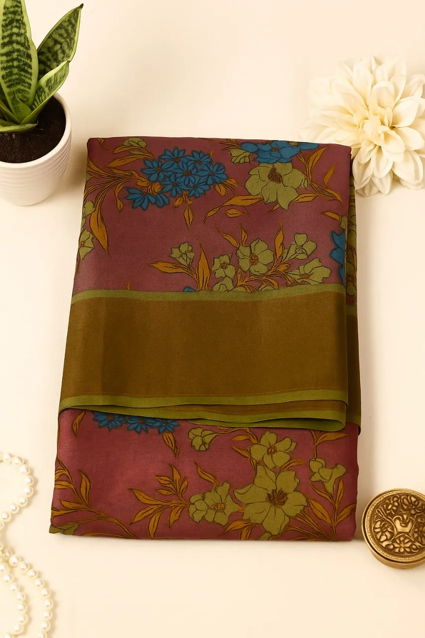 Rose Floral Saree with Olive Green Border