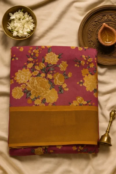 Pink Floral Print Saree with Mustard Yellow Border