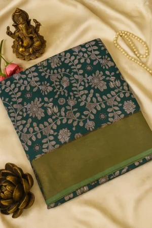Floral Print Silk Saree with Olive Green Border